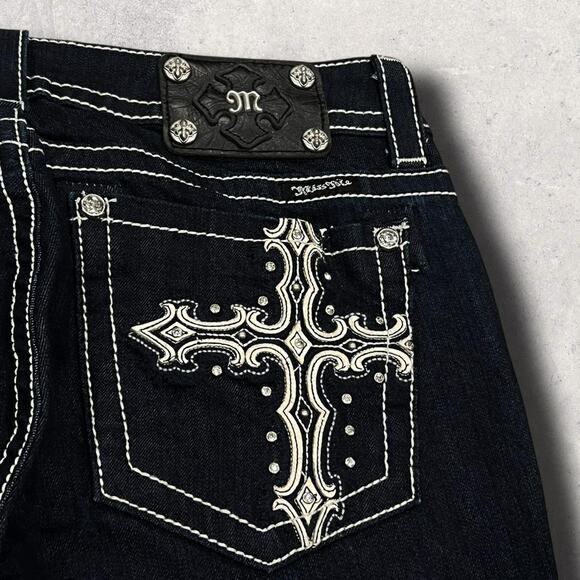 ★ Miss Me (Y2K) Dark Bootcut Jeans w/ Rhinestone Cross Design ★ - Picture 2 of 6